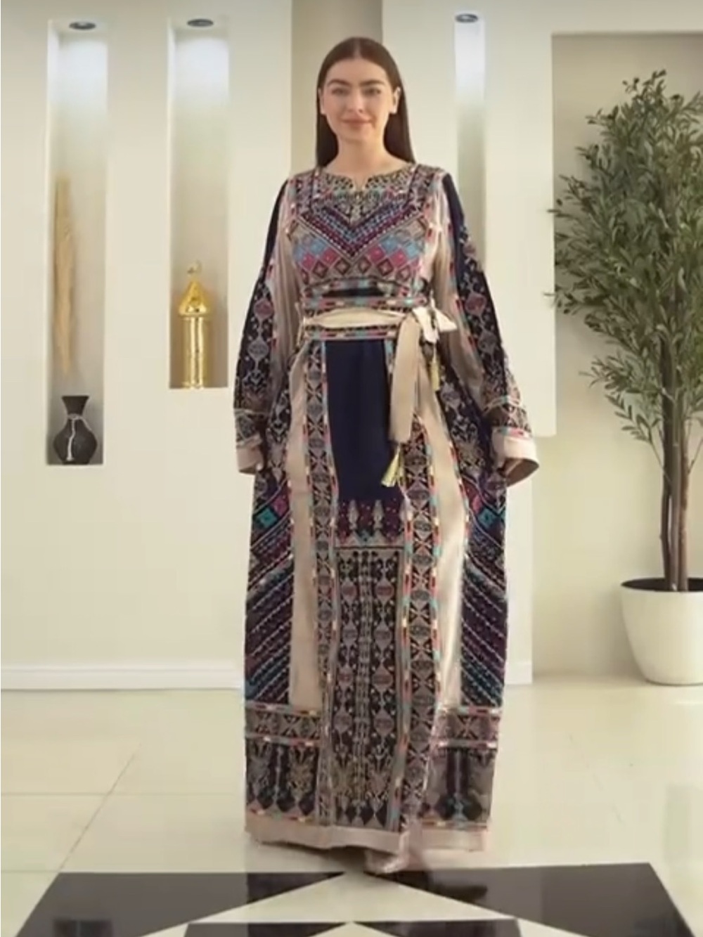 Embroidered Maxi Dress with Belt - Navy Multi